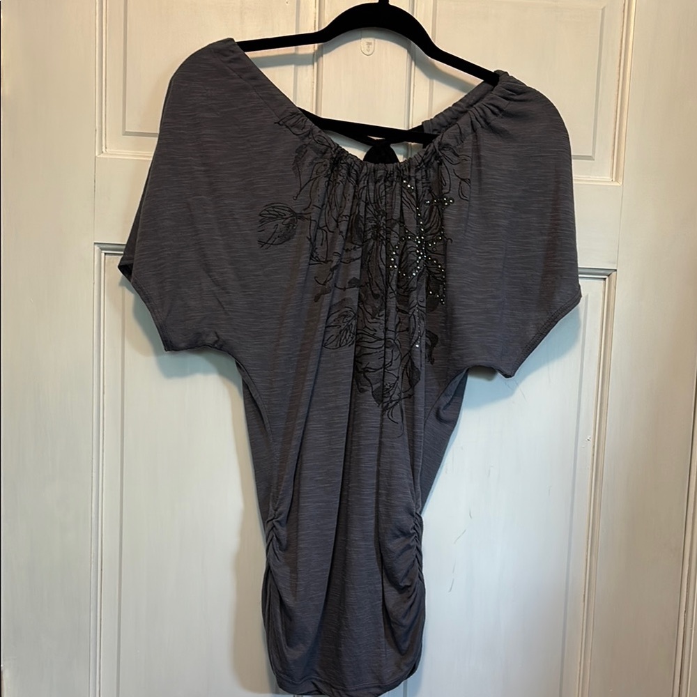 Gray Asymmetrical Blouse with Dolman Sleeves